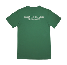 Load image into Gallery viewer, Back of Sparrowhawk Eco Tee in Pine Green, available for purchase at Sparrowhawk Native Plants in Portland, OR
