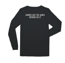 Load image into Gallery viewer, Back of Sparrowhawk Eco Longsleeve Tee in Dark Grey. Made by Farm Fresh Clothing Co, these unisex sized tees are Made in the USA, 100% Cotton, and printed with eco-friendly water-based inks.